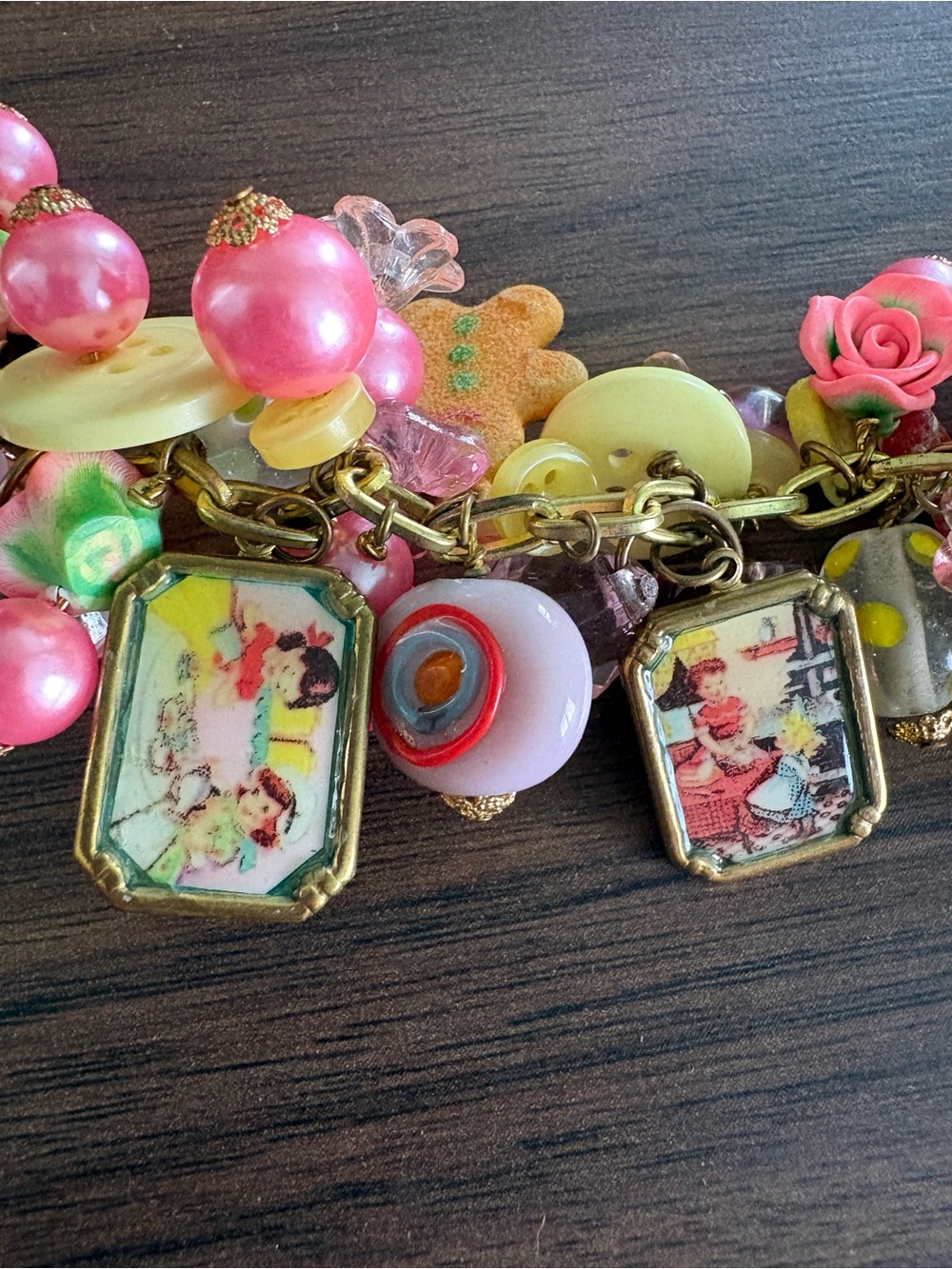 Vintage style Pink & Yellow Christmas charm Bracelet - Picture 8 of 10
